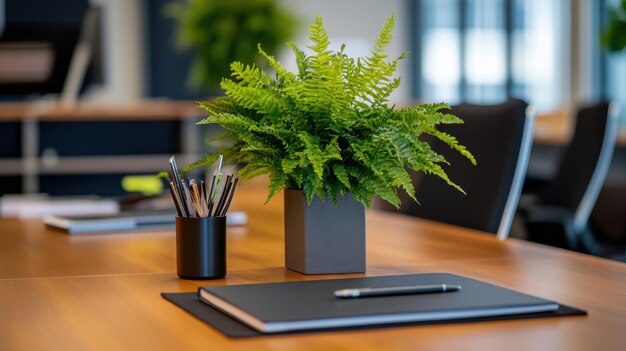 Organised desk with greenery and warm lamp illustrating a breathable workspace atmosphere